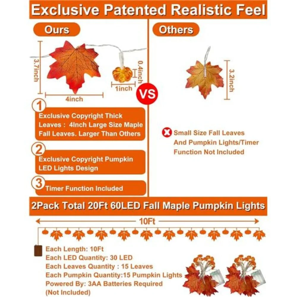 2 Pack & Timer - Fall Garland with Pumpkin Lights Halloween Fall Decor for Home